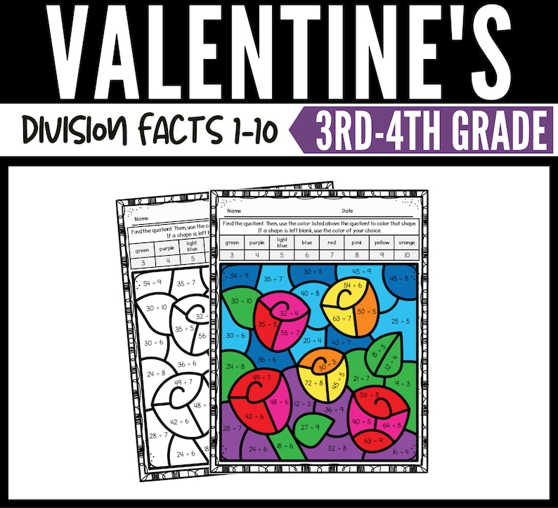 Valentine's Day Color by Number Division Worksheets for 3rd Grade and ...