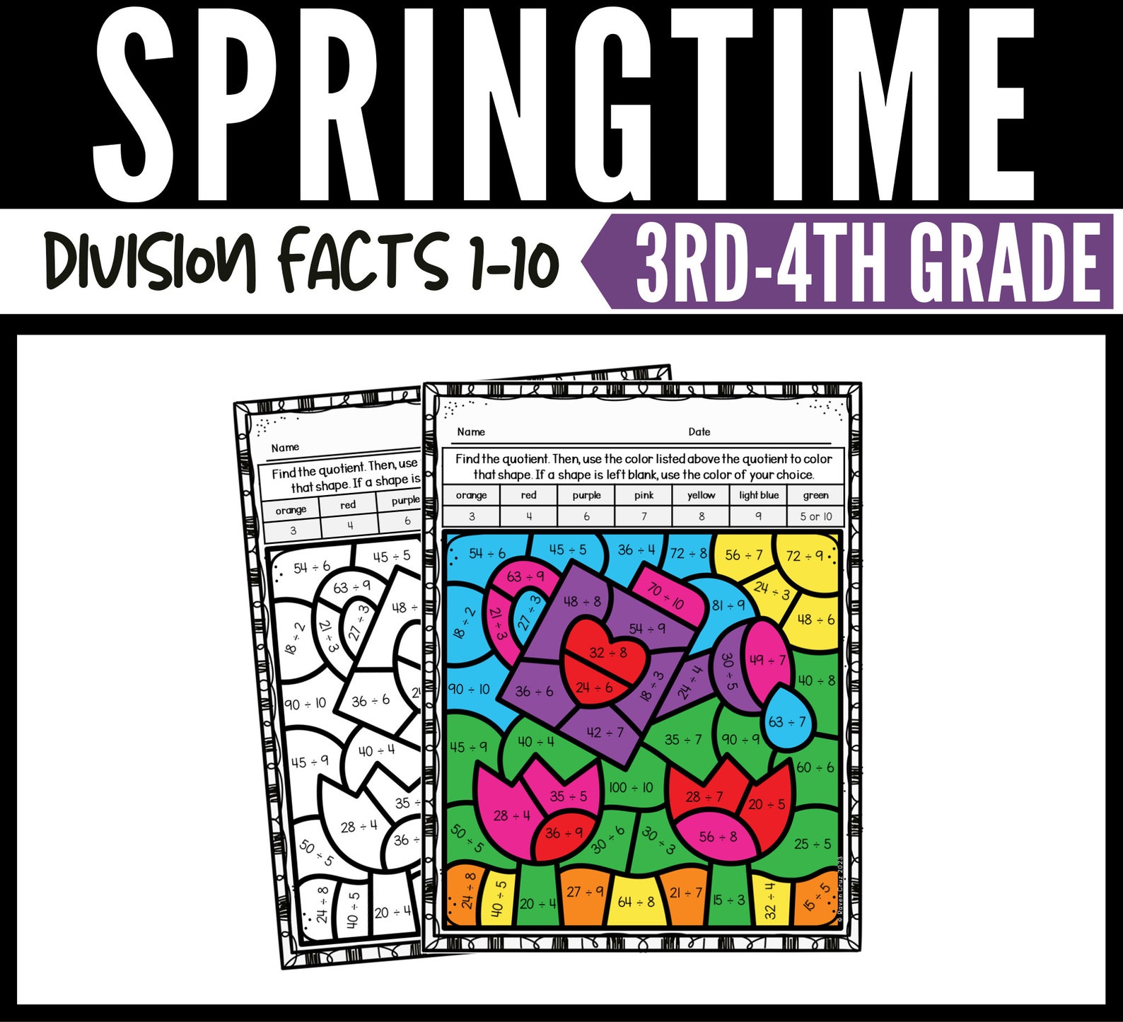 Spring Division Color by Number Worksheets - Etsy