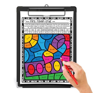 May include: A color-by-number activity sheet with a grid of multiplication problems. The grid is divided into sections, each with a different color. The colors are labeled with a color key at the top of the sheet. The sheet is titled "mrs. raven cruz".