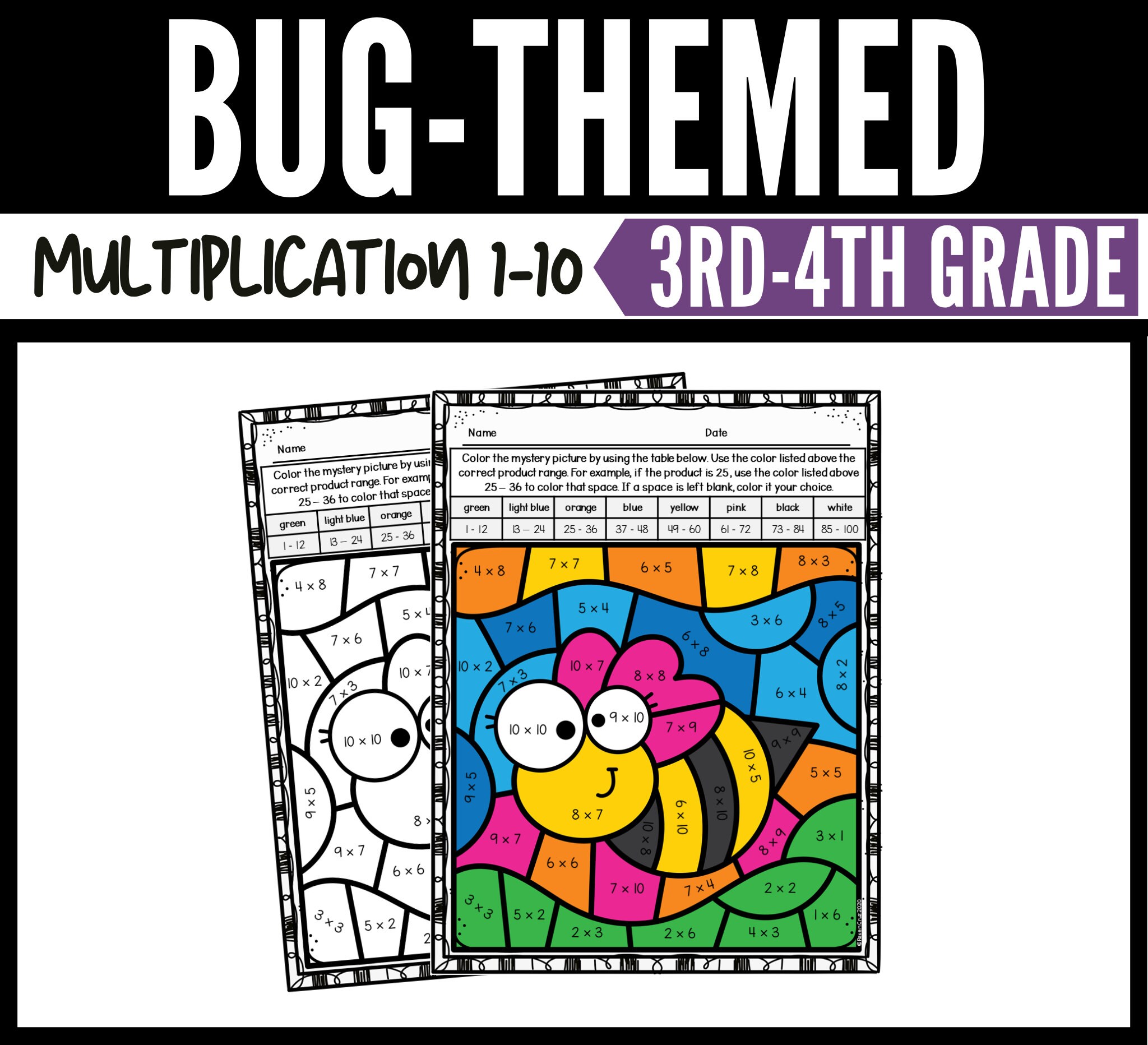 Bugs Color by Number Multiplication Worksheets for 3rd Grade and 4th ...