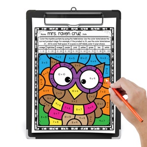 May include: A printable worksheet with a color-by-number activity featuring an owl. The worksheet includes a table with multiplication problems and corresponding color ranges. The owl is divided into sections, each with a multiplication problem. The student solves the problem and colors the section according to the color range in the table.
