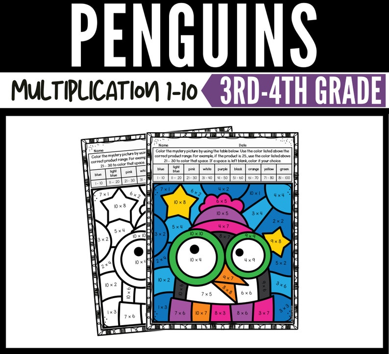 Penguin Multiplication Color by Number Worksheets for 3rd Grade and 4th