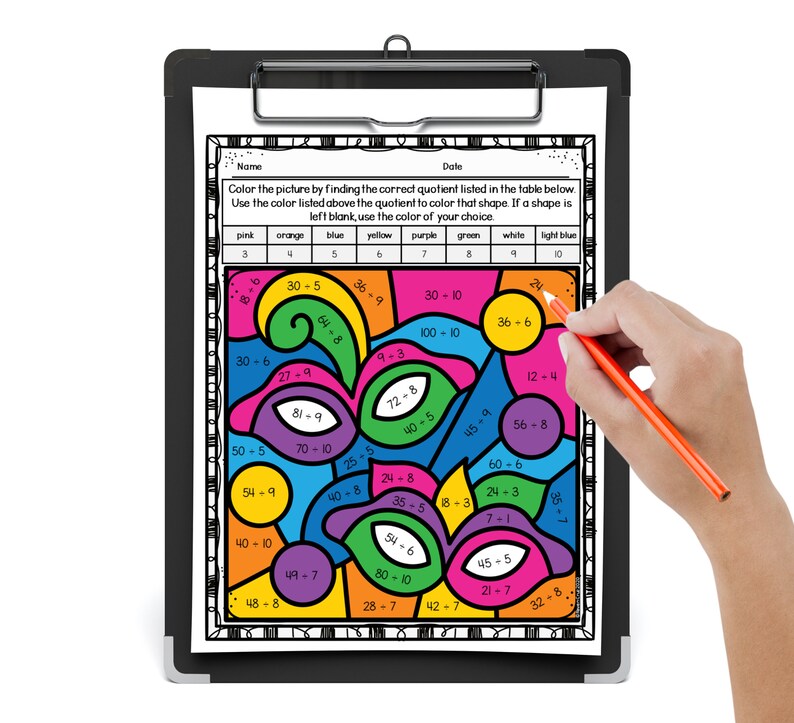Mardi Gras Division Color by Number Worksheets for 3rd-grade and 4th-grade Math
