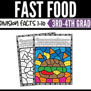 K&ouml;nnte beinhalten: Ein druckbares Arbeitsblatt f&uuml;r Sch&uuml;ler der 3. und 4. Klasse, um Divisionsaufgaben von 1 bis 10 zu &uuml;ben. Das Arbeitsblatt hat ein Fast-Food-Thema und verwendet ein Malen-nach-Zahlen-Format. Die Sch&uuml;ler l&ouml;sen die Divisionsaufgaben und f&auml;rben dann die entsprechenden Formen mit der Farbe, die &uuml;ber dem Quotienten steht.