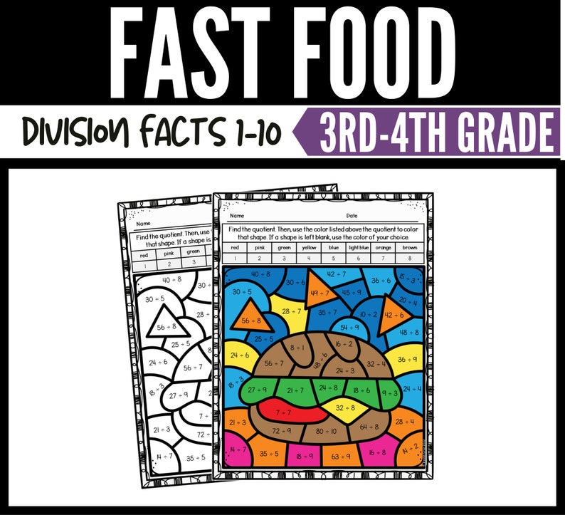 K&ouml;nnte beinhalten: Ein druckbares Arbeitsblatt f&uuml;r Sch&uuml;ler der 3. und 4. Klasse, um Divisionsaufgaben von 1 bis 10 zu &uuml;ben. Das Arbeitsblatt hat ein Fast-Food-Thema und verwendet ein Malen-nach-Zahlen-Format. Die Sch&uuml;ler l&ouml;sen die Divisionsaufgaben und f&auml;rben dann die entsprechenden Formen mit der Farbe, die &uuml;ber dem Quotienten steht.