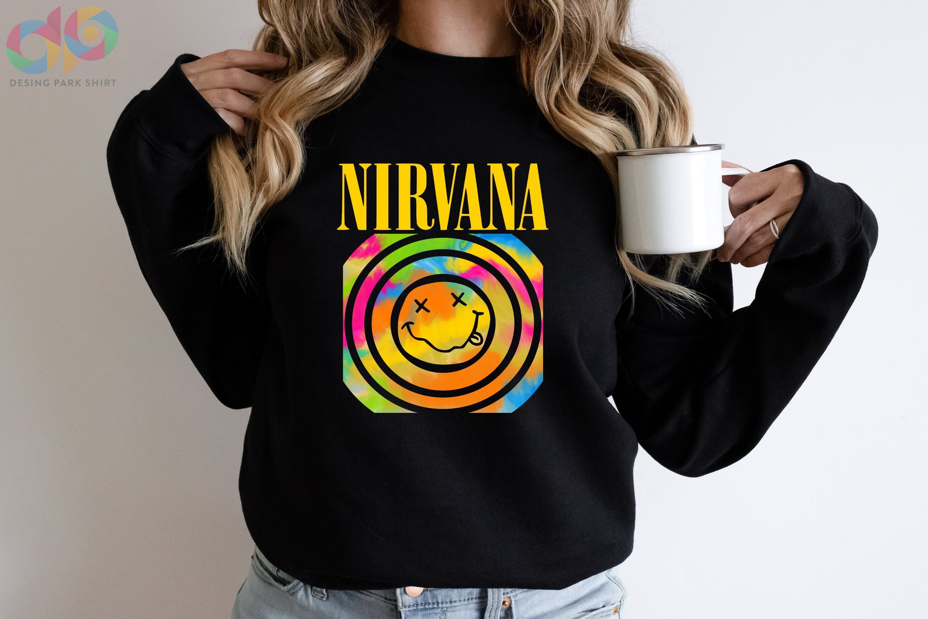 Discover Nirvana Sweatshirt, Smile Face Sweatshirt, Happy Face Sweater, Nirvana Pink Sweatshirt