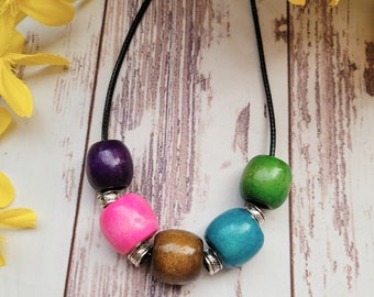 Colourful statement necklace funky, chunky wooden bead necklace hippy, bright jewellery, fashion necklaces for women, bold necklace gift for