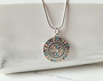 Boho flower necklace, bohemian pendant necklace, ethnic necklaces for women birthday gift for hippy, hippie jewellery, silver boho necklace