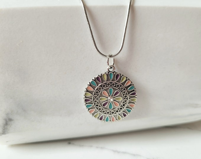 Boho flower necklace, bohemian pendant necklace, ethnic necklaces for women birthday gift for hippy, hippie jewellery, silver boho necklace