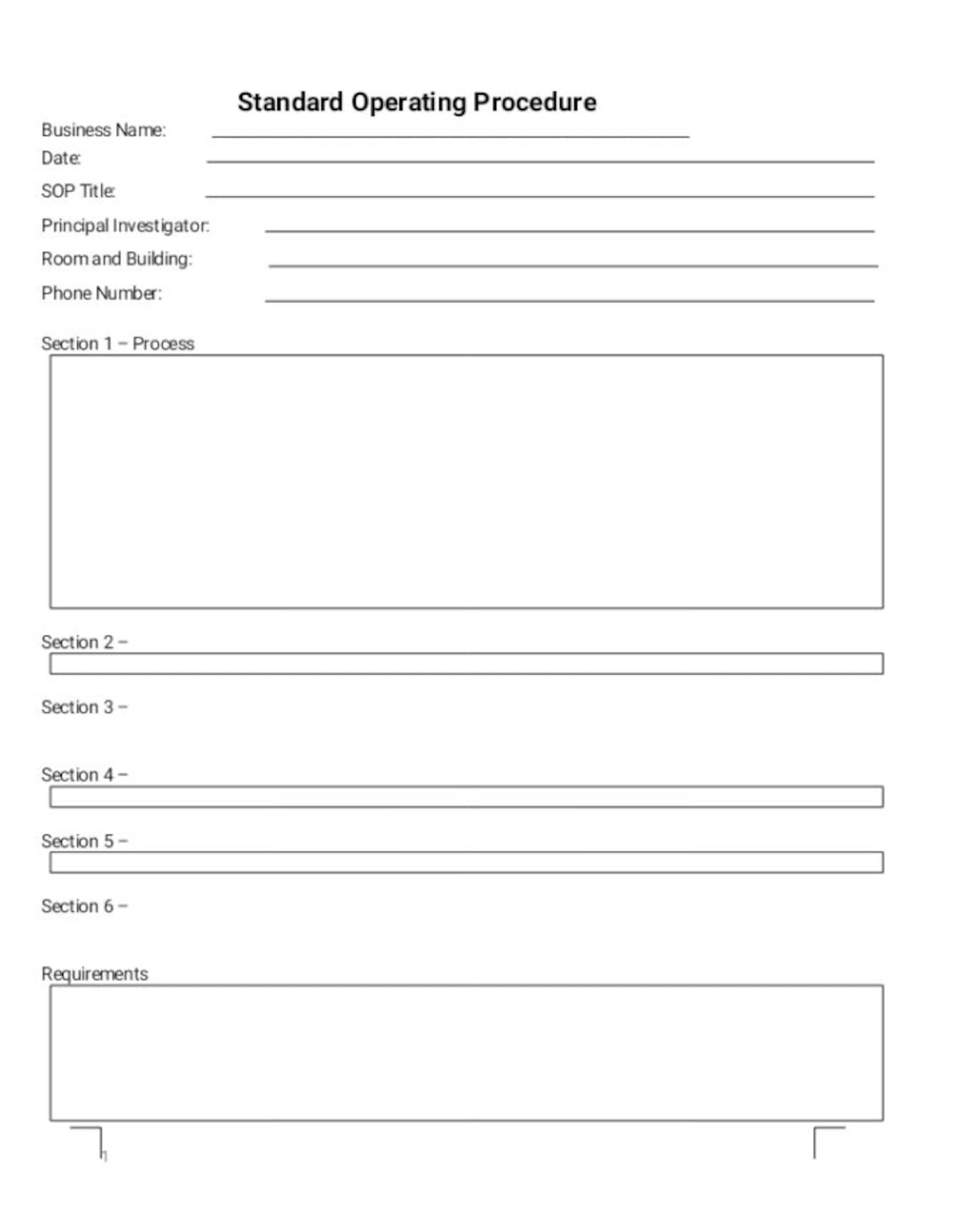 Standard Operating Procedure Template SOP Template Editable Word Form