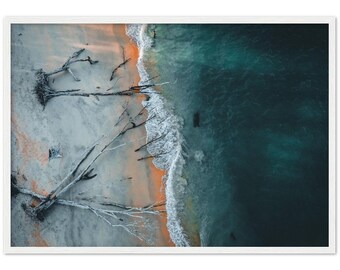 Könnte beinhalten: Eine Luftaufnahme eines Sandstrandes mit einer Reihe toter Bäume und türkisfarbenem Wasser. Der Sand ist hellgrau mit einem Hauch von Orange.