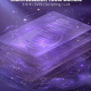 May include: A digital art image features a stack of translucent purple documents with text, overlaid with glowing lines and a starry background. The text at the top reads "Manifestation Tools Bundle" with additional text below. The overall theme is spiritual and self-help.