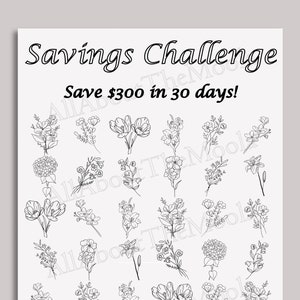 Savings Challenge, Savings Tracker, Printable, PDF, 300 Dollars, 30 Days, Flowers, Floral