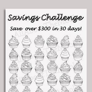 Savings Challenge, Savings Tracker, Printable, PDF, 300 Dollars, 30 Days, Cupcakes