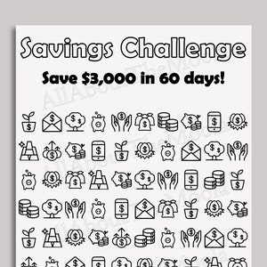 Savings Challenge, Savings Tracker, Printable, PDF, 3000 Dollars, 60 Days, Money, Finances