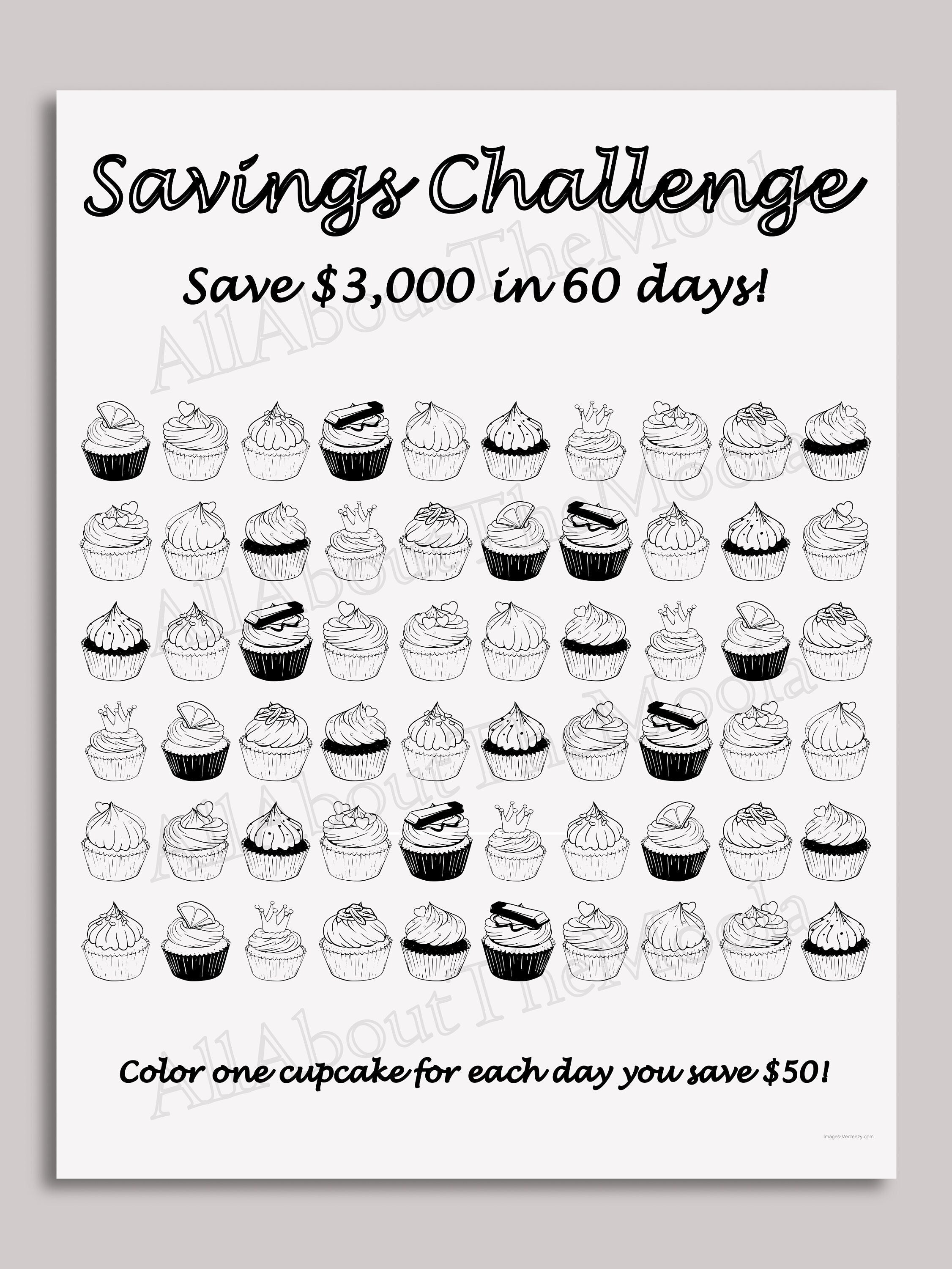 Savings Challenge, Savings Tracker, Printable, PDF, 3000 Dollars, 60 ...