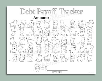 Może przedstawiać: Czarno-biały, drukowalny tracker spłaty długu z motywem psa. Tracker zawiera 50 ilustracji psów i miejsce na wpisanie kwoty długu. Tekst "Debt Payoff Tracker" i "Amount:" znajduje się na górze strony. Tekst "(50 dogs)" znajduje się na dole strony.