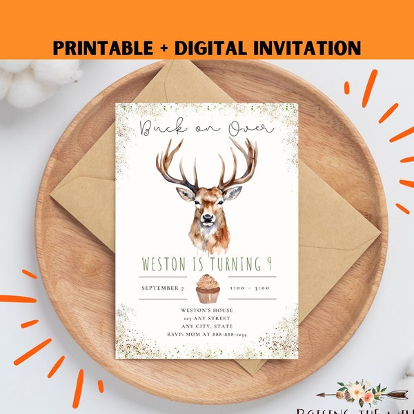 Deer Invitation, Digital Invite, Buck Birthday Party, Boys Digital Birthday invitation, Minimal, Deer, Buck, Antlers, Printable invite, Wood