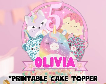 Squish Cake Topper, DIGITAL Printable Cake Topper DIY, Personalized with Name, Girls Birthday Party, Custom, Unicorn, Squishy Birthday