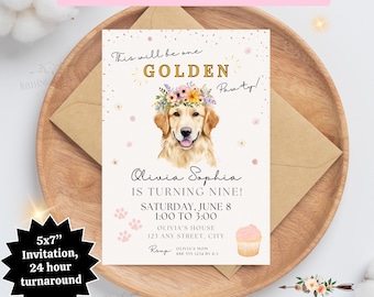 Invitación de cumpleaños de Golden Retriever: invitación personalizada para fiesta de perros, cumpleaños de cachorro, invitación floral de acuarela para perro, cumpleaños de perro de niña, cachorro