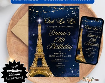 Eiffelturm Geburtstagseinladung: Glitzernde Paris-Party, 13x18 (Digitale Einladung | Frankreich-Party, Paris-Geburtstag, blauer Himmel-Eiffelturm-Einladung