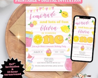 May include: A printable and digital birthday invitation card featuring a pink and white striped background with lemon illustrations, a cupcake, and text reading Lemonade and lots of fun Olivia is turning one. A smartphone displays the same design.