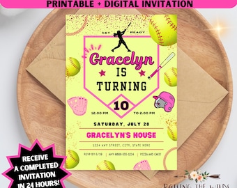 May include: A printable softball-themed birthday party invitation for a girl turning 10. The invitation features a pink and yellow color scheme with a softball player silhouette, baseball bats, and softballs. The text on the invitation reads "Gracelyn is turning 10" and includes details about the party, such as the date, time, and location.