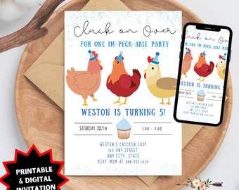 May include: A printable invitation for a child's 5th birthday party. The invitation features a blue and white cupcake, three chickens wearing party hats, and the text "Cluck on Over for one im-peck-able party. Weston is turning 5! Saturday, July 14th, 1:00-3:00. Weston's Chicken Coop, 123 Any Street, Any City, State. RSVP Mom at 888-555-1234."