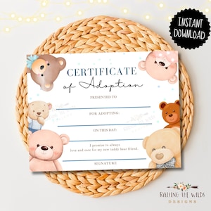 Certificat d'adoption en peluche, faire semblant, téléchargement immédiat, certificat d'ours en peluche imprimable, peluches, cadeaux, premier ours, impression
