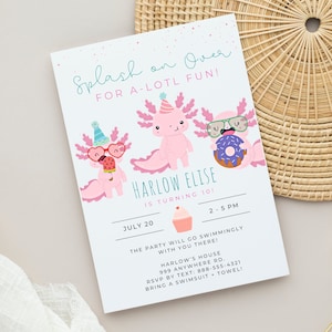 Invitation d'anniversaire Axolotl, invitation numérique d'anniversaire de filles, rose, poisson, imprimable, médias sociaux, invitation numérique, sous la mer, axolotls