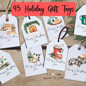Etichette regalo di Natale, 45 etichette per le vacanze in stile fattoria, download immediato, etichette acquerellate, stampabili/digitali, classiche, tradizionali in PDF, moderne