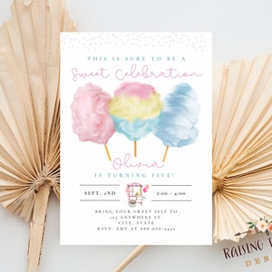 Cotton Candy Geburtstagseinladung, rosa Party einladen, Mädchen-Geburtstags-Einladung, Sweet behandelt Party, Süßigkeiten-Thema, Spaß druckbare einladen, Pastell