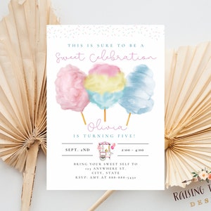 Cotton Candy Birthday Invitation, Digital Boy Girls Birthday invite, Carnival Printable, Social Media, digital invite, Sweet Celebration