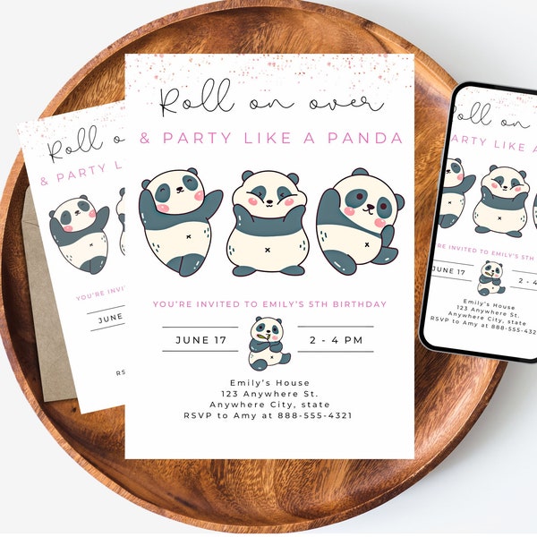 Panda Birthday Invitation, Black Digital White Pink Birthday Party, Minimal, Modern, Panda Invite