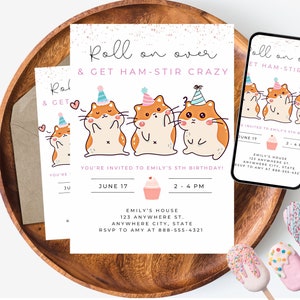 Hamster Birthday Invitation, Digital White Pink Birthday Party, Minimal, Modern, Hamster Invite, Hampster, cute, Mouse, Hamster Invite