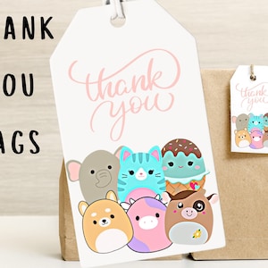 Squish Thank You Tags: Girls Birthday Party Favors (Digital Download) Printable 8.5x11 Page of Squish Tags, Birthday Supplies