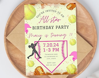 Invitación de cumpleaños de softbol – Invitación para fiesta de softbol de niñas en rosa y amarillo, invitación para fiesta de equipo, softbol / Descarga digital personalizada