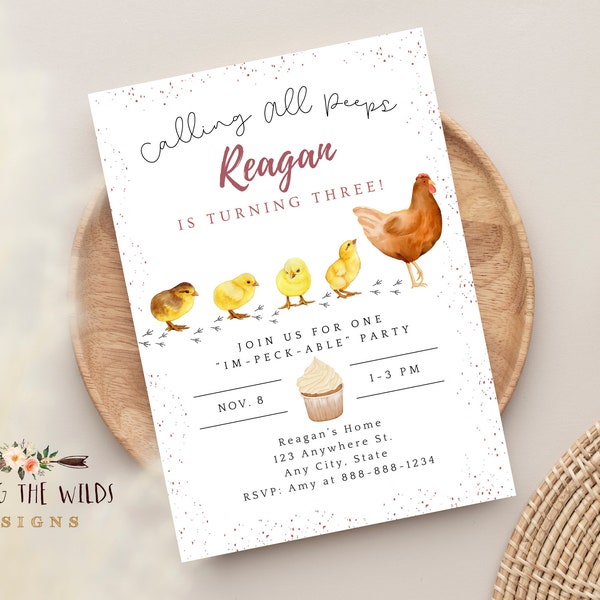 Chicken Birthday Invite, Digital Girls Birthday invitation, Cluck, Chicks, Minimal, Printable, Social Media, digital invite, farm invite