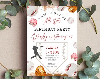 May include: Baseball-themed birthday party invitation with a watercolor illustration of baseballs, a glove, and a baseball cap. The text reads "You're invited to an All-star Birthday Party Wesley is turning 10" and includes the date, time, and location of the party.