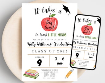 Teacher Graduation Invitation | Digital Download, Personalized Grad Invite, Teaching Diploma, 2026 Graduate | Graduation Party, Apple Theme