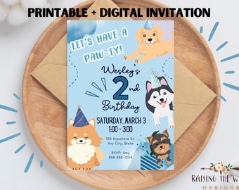 Festa per cani maschi (invito scaricabile digitalmente) / Invito per compleanno di cani blu per ragazzi, festa per cuccioli a tema blu, festa di compleanno per cuccioli, compleanno per ragazzi