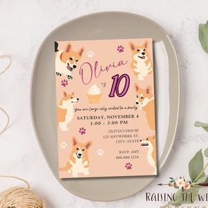 Faire-part d'anniversaire Corgi, invitation numérique d'anniversaire de filles, Corgis, imprimable, médias sociaux, invitation numérique, invitation de fête d'anniversaire de chiot