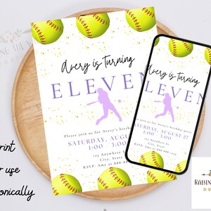 May include: A printable invitation for an 11th birthday party with a softball theme. The invitation features a purple silhouette of a softball player, yellow softball graphics, and gold glitter. The text on the invitation reads "Avery is turning ELEVEN".