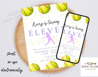 May include: A printable invitation for an 11th birthday party with a softball theme. The invitation features a purple silhouette of a softball player, yellow softball graphics, and gold glitter. The text on the invitation reads "Avery is turning ELEVEN".