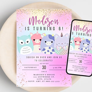 Birthday Invite Squish, Digital Girls Birthday invitation, Minimal, Pink, squishy, Glitter, Printable, Social Media, digital invite, Animals