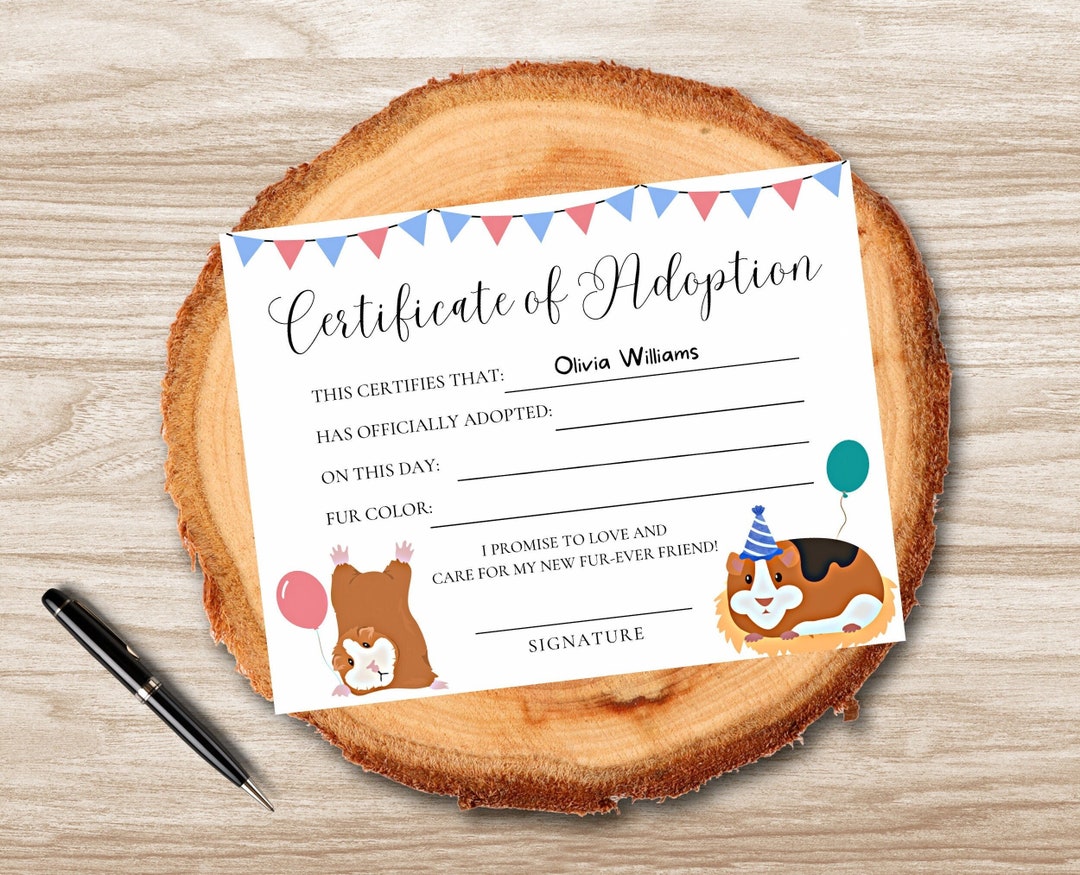 Hamster Adoption Certificate, Instant Download, Guinea Pig Adoption ...