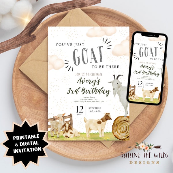 Goat Invitation | Digital Invite, Printable, Textable, Goats Goat Birthday Party, Goat themed Party, Goat invite, Baby Goats, Farm Invite