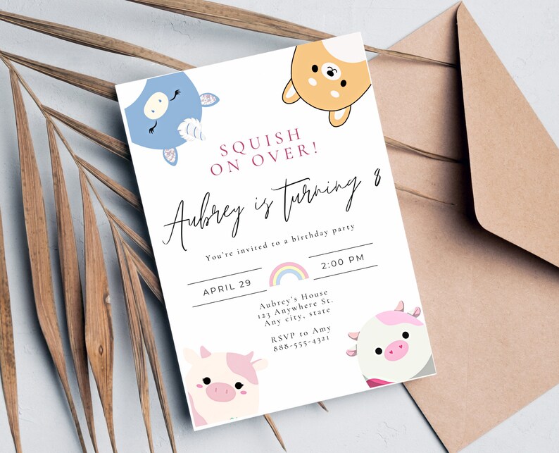 Squish Birthday Invite Digital Girls Birthday invitation Minimal Modern squishy White Printable Social Media digital invite