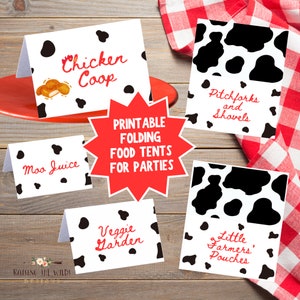 Carpas de comida para vacas, carpas de comida de granja, pollo, imprimibles digitales, tarjetas plegables, etiquetas de comida para exhibir, fiesta de cumpleaños de pollos, fiesta de pollitos, eventos