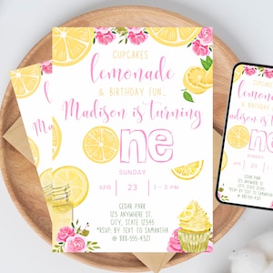 Lemonade 1st Birthday Invite, lemonade themed birthday party, Digital invite, Lemons, first birthday, Girls Birthday Lemons Invitation